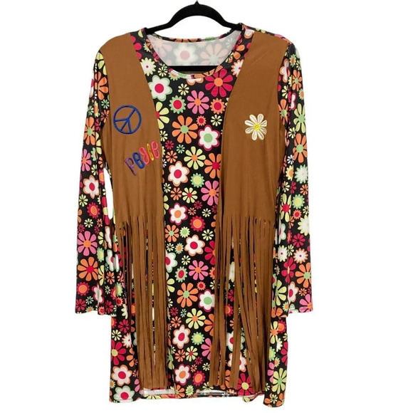 Hippie Mini-Dress, Size M, 70's Flower Power Fringe Halloween Costume Faux Suede - Picture 2 of 9